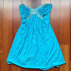 Sky Turquoise Strapless Dress with Embellished Neckline